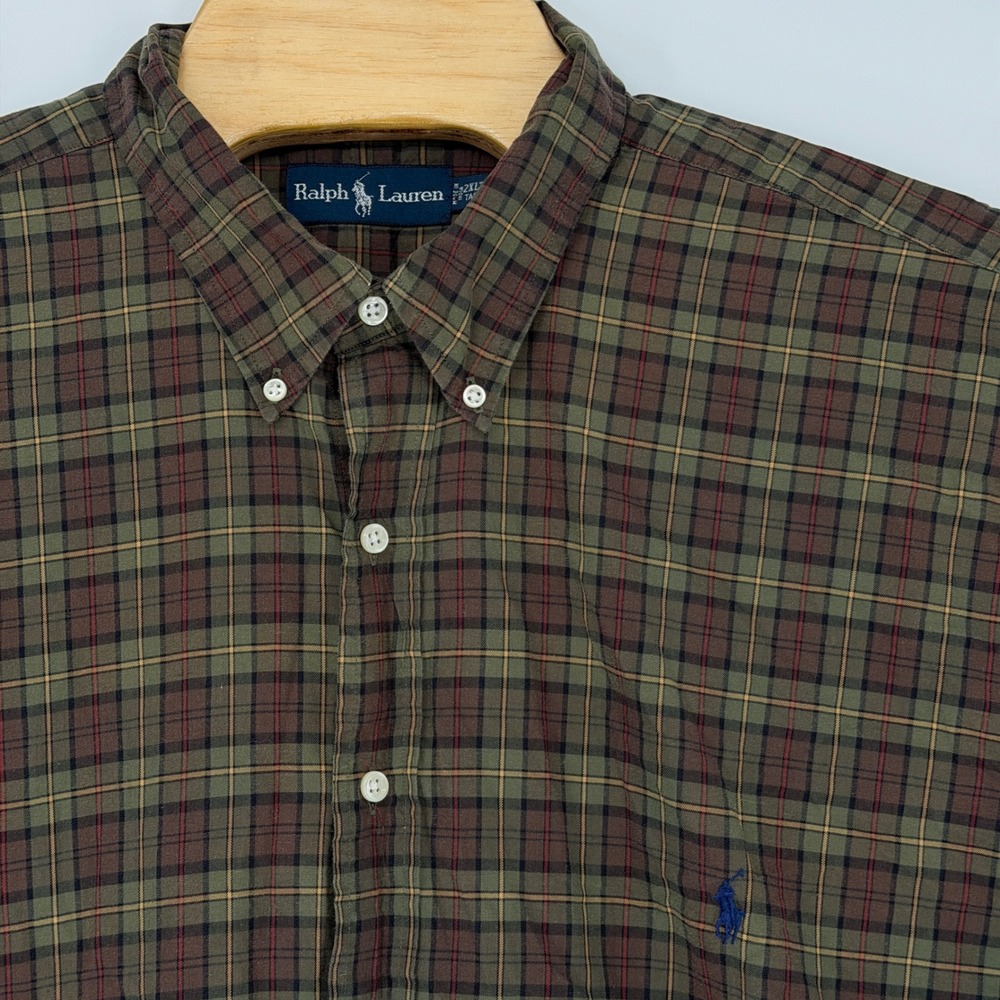Vintage Ralph Lauren Button Down Shirt Men 2XLT Green Maroon Plaid Tall Fit Pony